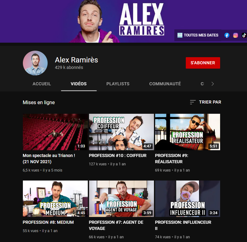 La chaîne YouTube d'Alex Ramirès